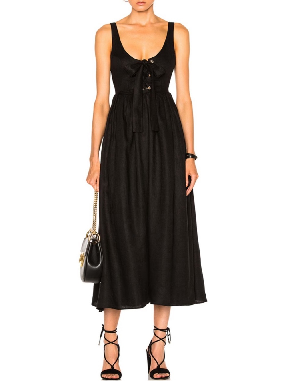 Mara Hoffman Organic Linen Lace Up Bow Front Black Midi Dress Size 4